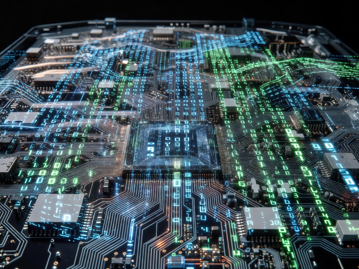 Futuristic code matrix overlay on a circuit panel